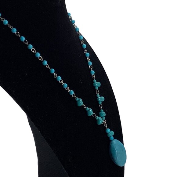 Faux Turquoise Beaded Dangling Pendant Fashion Necklace Southwestern Cowgirl - Picture 4 of 4